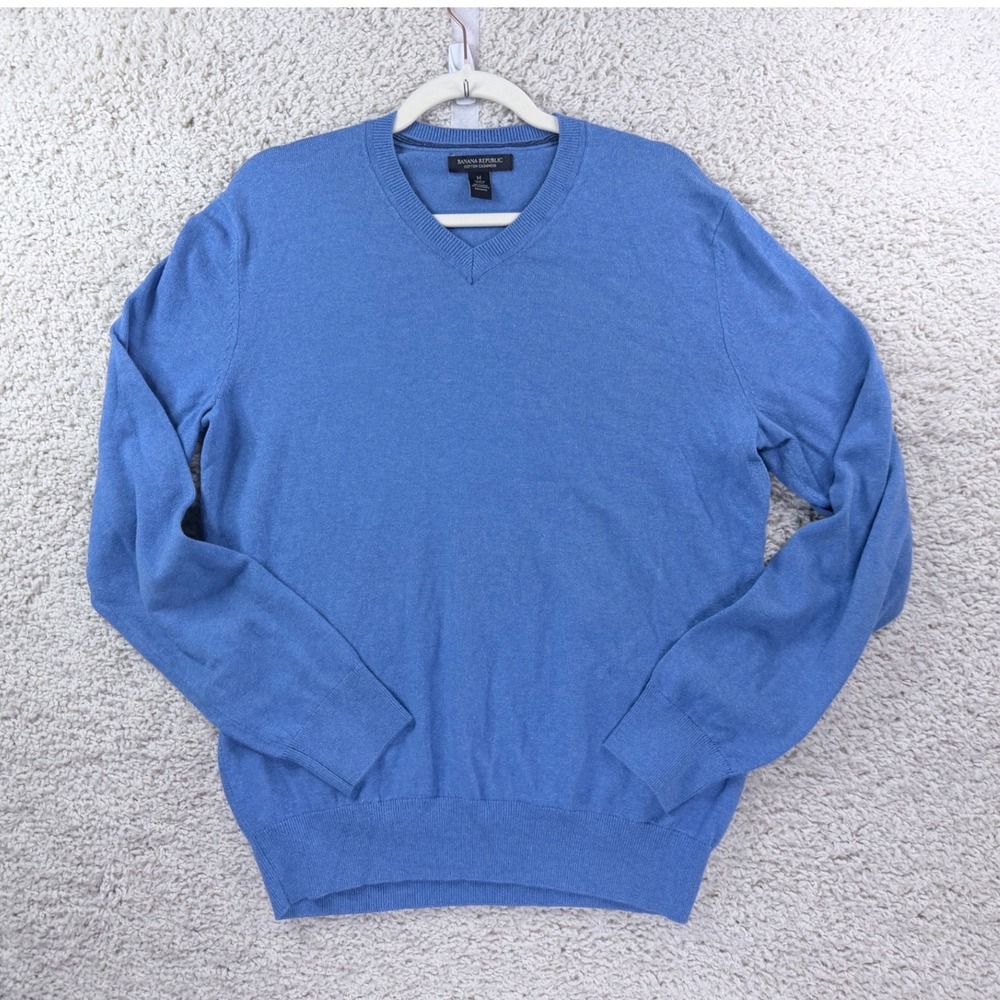 Banana Republic Sweater Men Medium Blue Cotton Cashmere V-Neck Knit Pullover